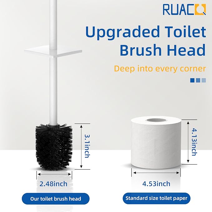 RUACQ Toilet Brush and Holder Set, Square, White | SUS304 Stainless Steel Handle, Toilet Cleaner Brush with Durable Scrubbing Bristles, Splash-Proof