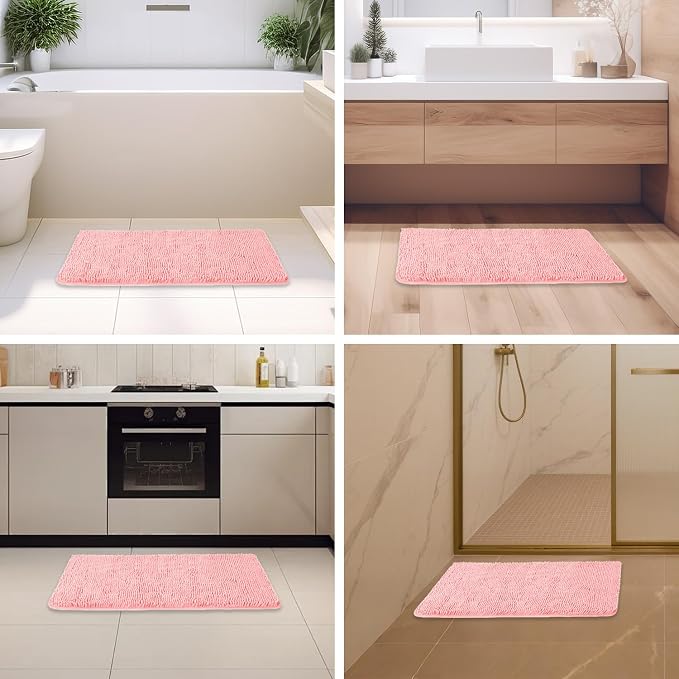 Pink Bathroom Rugs – Absorbent and Washable Bath Mat, Non-Slip, Thick Soft Chenille Bath Rugs for Bathroom Floor, Shower, Sink - 20" x 32"