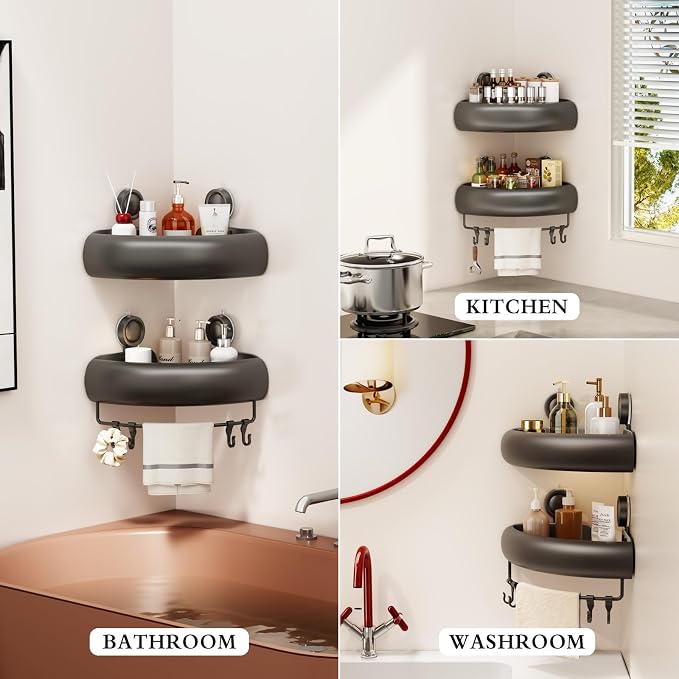 CICUFY Shower Caddy Suction Cup, 1 Pack No Drilling Corner Shower Shelves, Rust Proof Bathroom Storage Organizer, Shower Corner Caddy with Removable Hooks and Towel Bar, Triangle, Grey