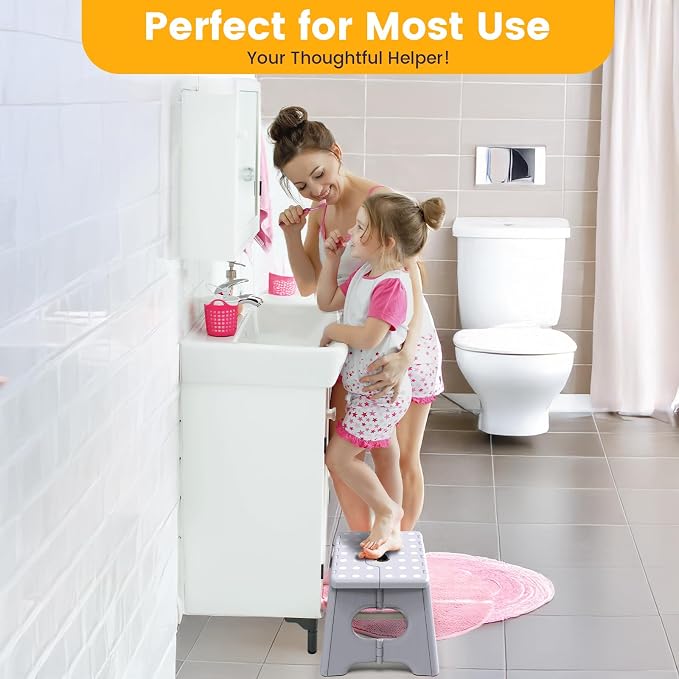 HBTower Folding Step Stool 9 Inch, 600 LBS Capacity with Safety Lock, White | Compact Step Stool Foldable for Kids & Adults, Portable Carry Handle, Collapsible Foot Stool, Kitchen, Bathroom & Outdoor