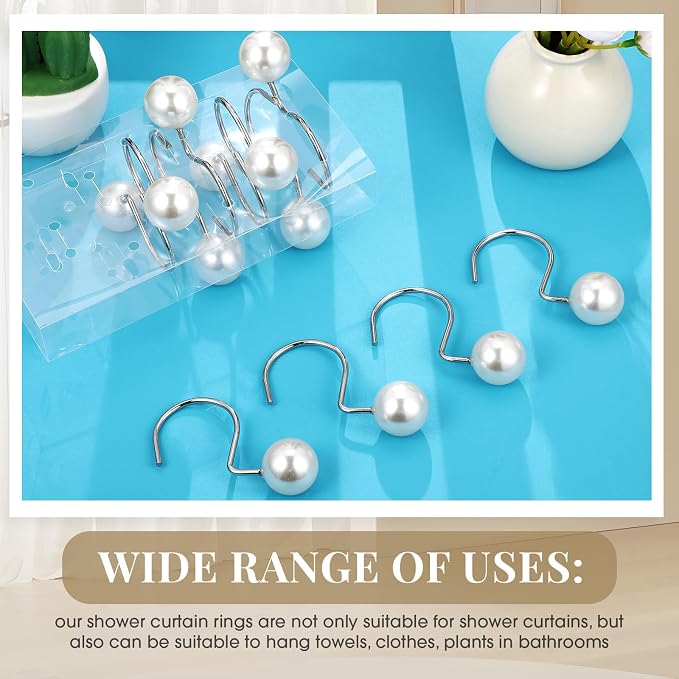 12 Pcs Shower Curtain Hooks Ivory Artifical Pearl Decorative Shower Curtain Rings Vintage Rustproof Cute Curtain Hooks for Country Farmhouse Bathroom Decor
