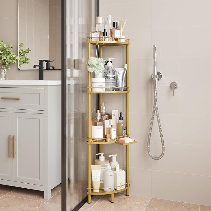 ELYKEN Corner Shower Caddy Standing, 4 Tier Metal Shower Organizer, Gold | Stainless Steel Shower Shelves with Soap Holder, Adjustable Feet & 2 Hooks for Storing Bath Essentials in Bathroom corner