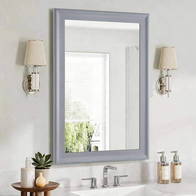 Tanmicoshomy Bathroom Rectangle Mirrors for Wall 24x36 Inch, Gray | Tempered Glass, Wall Art with 4 Pre-Installed D-Ring Hooks,Bedroom, Entryway Wall Decor