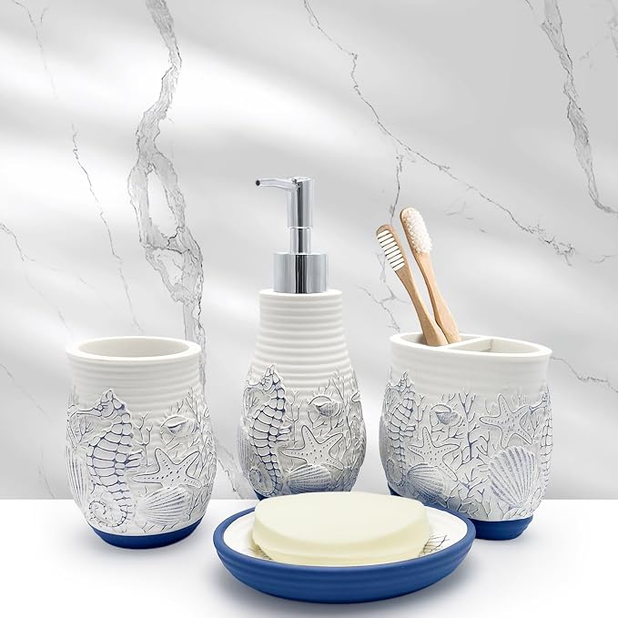 Beach Theme Bathroom Accessory Sets 4PCs Bathroom Set Complete Embossed Seashell Starfish Design Includes Lotion Dispenser Toothbrush Holder Tumbler Cup & Soal Dish