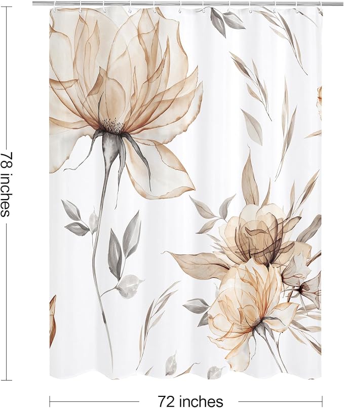 Litabel Long Boho Watercolor Floral Shower Curtain 72 x 78, Light Brown and Grey Ink Painting Style Flower Shower Curtains for Chic Elegant Bathroom, Artistic Tan 78 Inch Long Fabric Shower Curtain