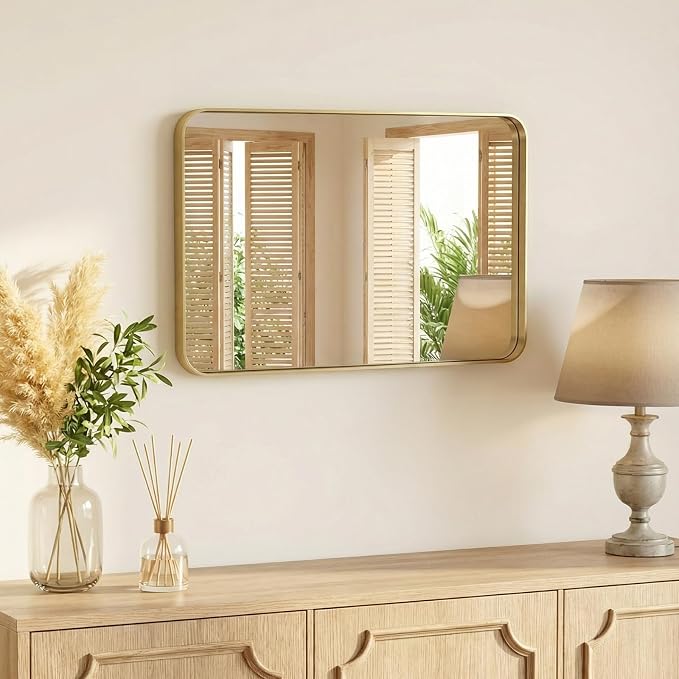 32x24 Inch Bathroom Mirror for Over Sink, Vanity Mirror | Metal Framed Rounded Rectangle,for Wall, Farmhouse, Restroom, Anti-Rust, Horizontal or Vertical Hanging, Gold