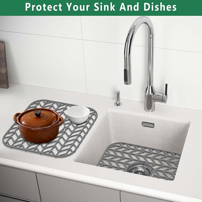 GUUKIN Sink Protectors for Kitchen sink, 12.25"x 11.5" Folding Non-slip Silicone Sink Mat Grid for Bottom of Farmhouse Stainless Steel Porcelain with Central Hole Pack of 2
