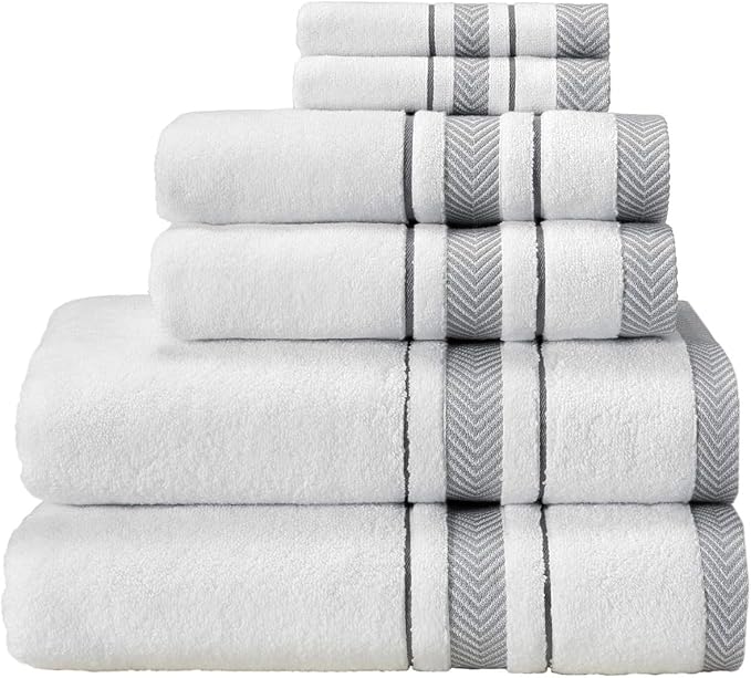 Bath Towels Set for Bathroom – Luxury 6-Piece Cotton Towels, Soft Absorbent & Quick Dry, 600 GSM Bath Towels for Bathroom, Hotel Spa Quality (White/Grey, 1-Bath Sheet)