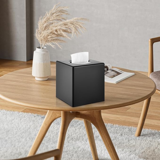 Y-in Hand Tissue Box Cover, Modern Decorative Square Facial Storage Tissue Box Holder, Home Accessories for Bathroom Vanity Countertops, Dressers, Night Stand, Parlors and Office - Matte Black