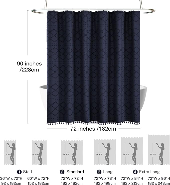 Siiluminisoy Extra Long Boho Shower Curtain with Tassels 72 x 90, Navy Blue