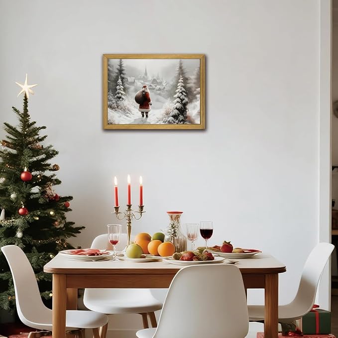 Vintage Christmas Canvas Wall Art, Wood Framed Santa Claus Wall Decor Painting, Rustic Farmhouse Winter Snow Scene Poster Print Picture 16x24 inch, Best Holiday Decor for Living Room Bedroom Home
