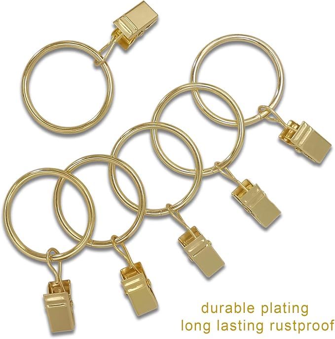 LLPJS 100 Pack Curtain Rings with Clips, Curtain Clip Rings Hooks, Bow Hanger Clips for Hanging Drapery Drapes Bows, Ring 1.26 inch Interior Diameter, Fits up to 1" Rod, Gold