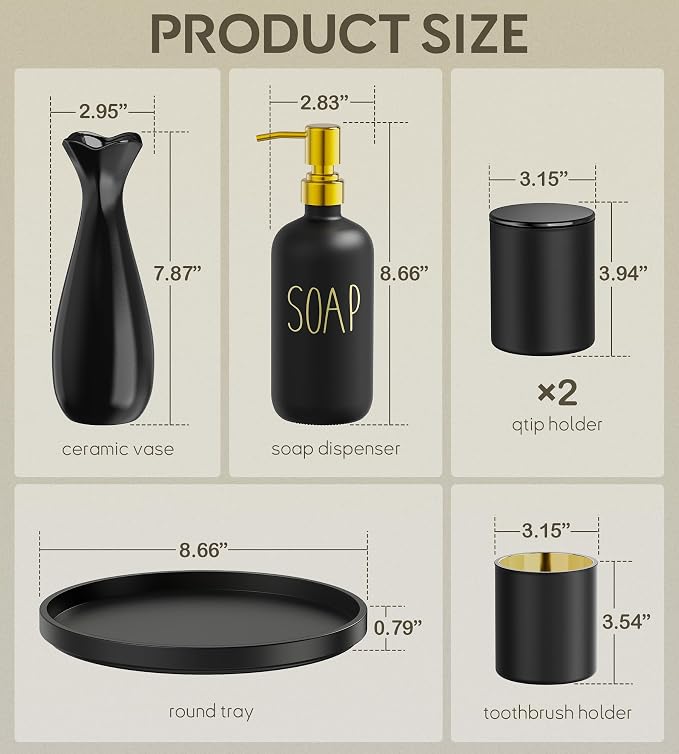 Black Bathroom Accessories Set with Tray, 6pcs Matte Black Bathroom Accessory Sets, Glass Soap Dispenser and Toothbrush Holder Set, Qtip Holder, Ceramic Flower Vase, Bathroom Set Decor