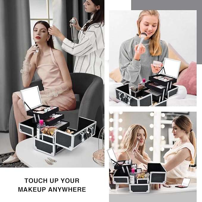 Joligrace 3-Tray Makeup Case with Mirror & Brush Holder, 11.6" Shine Black | Travel-ready makeup train case with lots of storage capacity. Home makeup box organizer holds cosmetics neatly and clean.