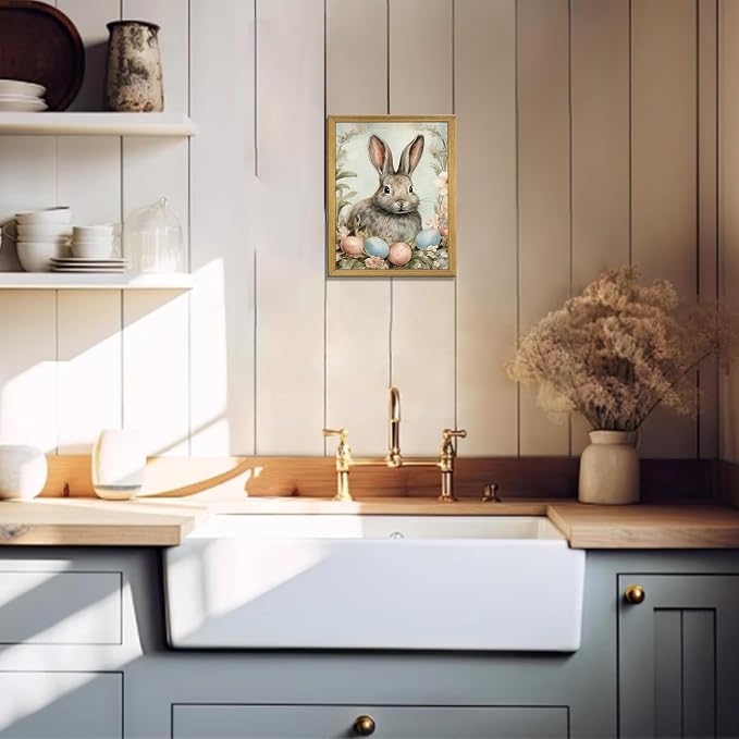 Easter Bunny Wall Art, Vintage Rabbit Canvas Wall Decor, Easter Eggs Poster Print Picture, Spring Farmhouse Animal Painting for Living Room Bedroom Kitchen Holiday Home Decor 8x10 Inch Wood Framed