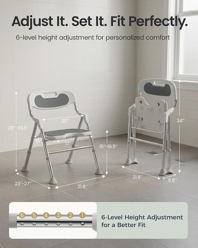 Foldable Shower Chair with Arms and Back Inside Shower, 400LBS Heavy Duty Shower Seat for Elderly Seniors Disabled Adults, U-Shape Cutout 6-Level Height Adjustable Folding Bath Stool