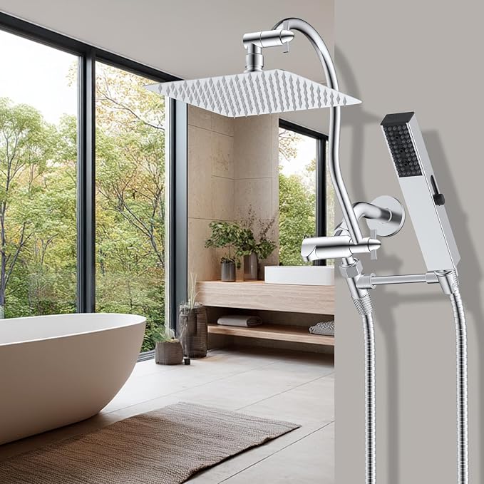 Hibbent All Metal cUPC Certified Shower Head, 10'' High Pressure Rainfall Shower Head, Showerhead Combo, Handheld Shower Wand, 12'' Adjustable Extension Arm, 4-Spray, 71'' Hose, Shower Holder, Chrome