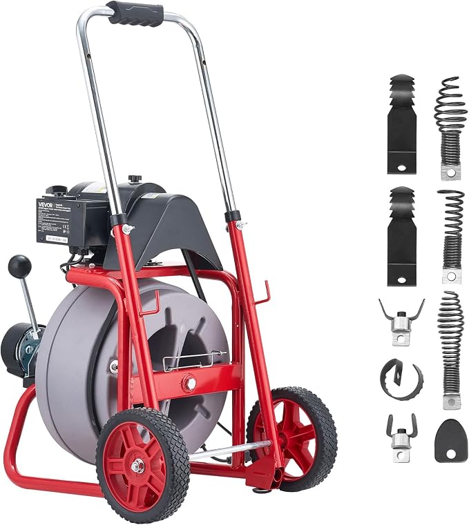 VEVOR Drain Cleaner Machine 100 FT x 3/8 Inch, Auto Feed Sewer Snake Drain Auger on Wheels, Portable Drain Cleaning Machine with 8 Cutters & Air-Activated Foot Switch for 2" to 4" Pipes
