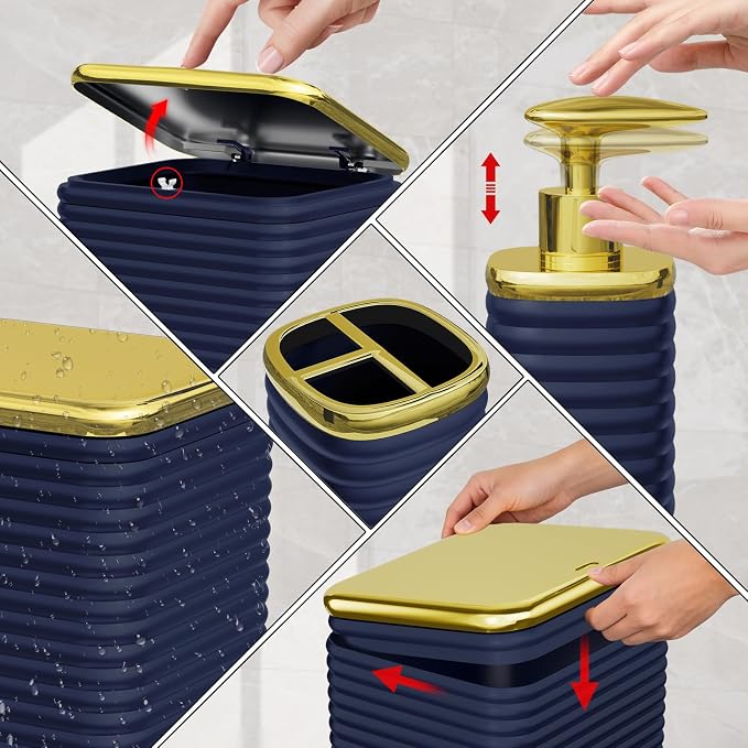 Bathroom Set - 10PC Bathroom Accessory Set, Navy Blue Bathroom Set, Luxury Bathroom Accessories Set, Trash Can, Toilet Brush, Soap Dish, Qtip Holder & Soap Dispenser