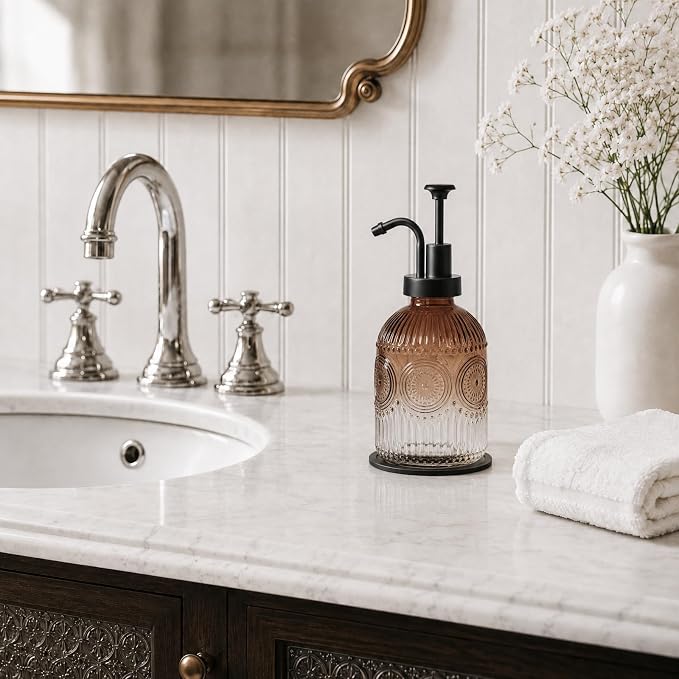 SheeChung 12oz Vintage Glass Soap Dispenser with Black Pump, Brown, 2 Pack | Refillable Dish and Hand Soap Dispenser for Bathroom Kitchen, Rustic Liquid Lotion Bottle,BPA-Free,Funnel,Mat,Farmhouse Decor