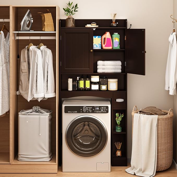 Over The Toilet Storage Cabinet, 32.3" W, Grey | Over Toilet Bathroom Organizer with Doors, Adjustable Shelves, Toilet Paper Holder, 2 Side Hooks, for Bathroom, Laundry