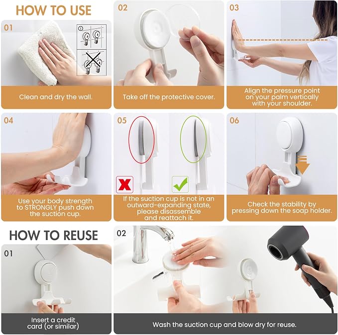 Razor Holder for Shower 2 Pack, Powerful Suction Cup Shower Hooks for Towel, Loofah, Razor, Squeegee, Damage-Free Wall Hooks, Shaver Holder for Bathroom, Easy to Install and Reuse, White