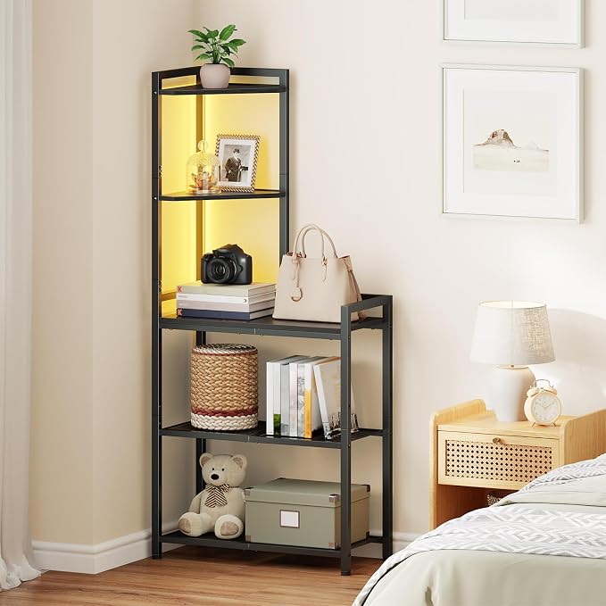 HOOBRO 5-Tier Corner Shelf Stand, Corner Shelf with LED Light, 56.3" Tall Corner Bookshelf, Display Rack Storage Organizer with Table, for Small Spaces, Living Room, Entryway, Black BB69DCJ01