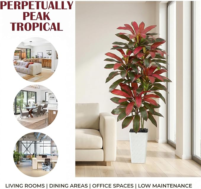 Artificial Red Dracaena Tree Indoor, 6FT Tall Fake Floor Plants with White Planter & Pebbles, Faux Silk Yucca Tree for Home Office Living Room Bedroom Farmhouse Modern Outdoor Topiary Tree