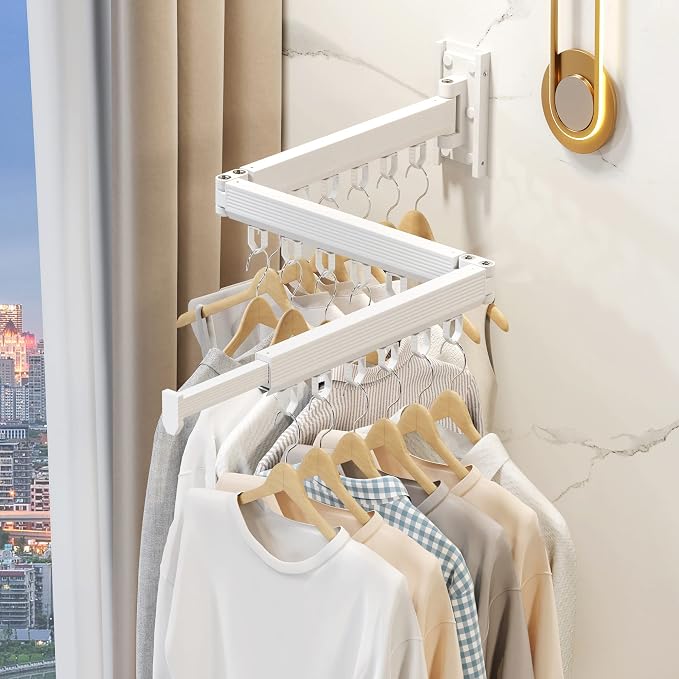 Wall Mounted Foldable Clothes Drying Rack, Heavy Duty 3-Fold Laundry Airer with Ring Hook Design, Space Saving Aluminum Rack for Balcony Bathroom Laundry Room,White Rings