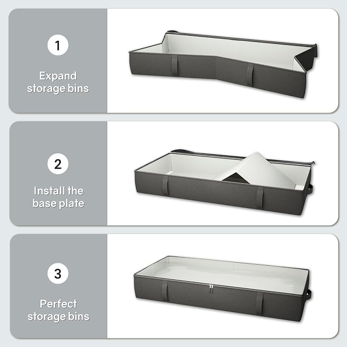 2-Pack Under Bed Storage Containers, 8 Inches Tall Clothes Storage, Black | Large Capacity Collapsible Underbed Organizer with Sturdy Sidewalls/Bottom, Cotton Linen Bins, For Seasonal Clothes & Bedding