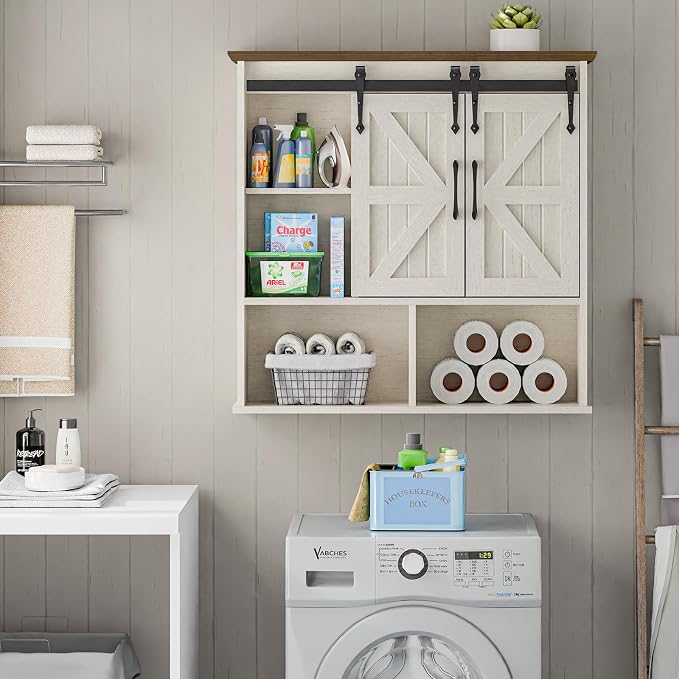 Vabches Bathroom Wall Cabinet, Farmhouse Medicine Cabinet, Rustic White | Wooden Vintage Storage Cabinet Wall Mounted with Double Sliding Barn Door and Adjustable Shelf for Bathroom, Kitchen