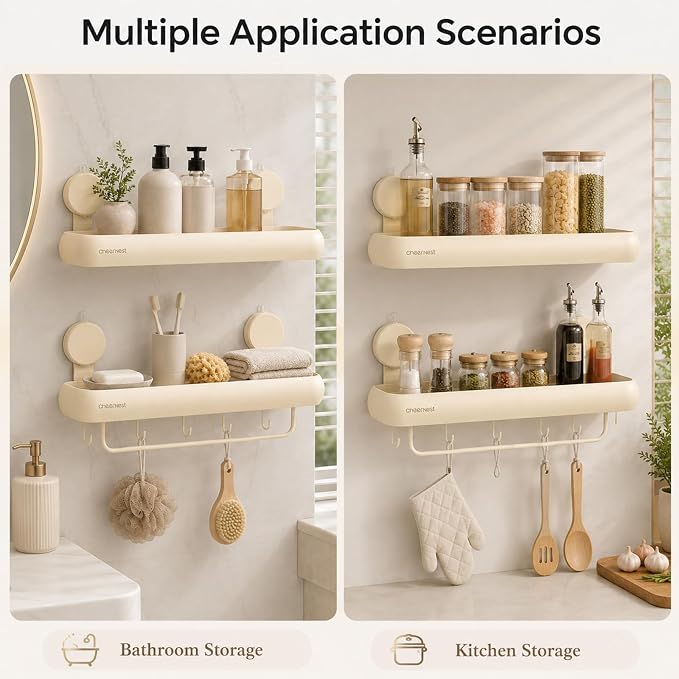 Shower Caddy Suction Cup, Removable Shower Organizer Shelf,2 Pack | Large Capacity, Rustproof Aluminum, 2 Install Ways, Includes Hooks&Hanging Bar,Wall-Mounted Bathroom Organizer Storage Holder