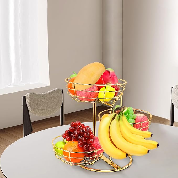 Livabber Fruit Basket Bowl with Banana Hanger, Fruit Vegetable Storage Basket with Banana Tree Holder for Kitchen Counter, Detachable Organizer for Bread Snack Produce (Gold, 3-Tier Metal Base)