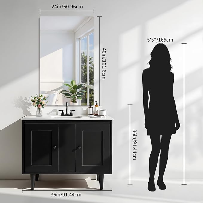 KOCUUY Frameless Mirror, 24"x40" Bathroom Mirror for Over Sink, Large Rectangle Mirror for Wall, Upgraded Shatterproof, Unframed Vanity Mirror for Bathroom, Bedroom, Living Room, Entryway