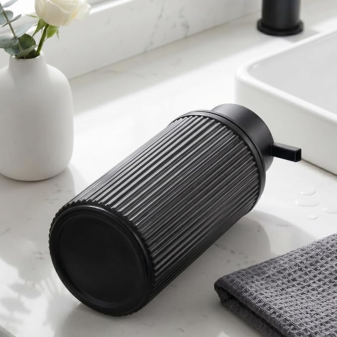 KASUNTING Matte Black Foaming Soap Dispenser, 2 Pack Ribbed Glass Foam Hand Soap Dispenser for Bathroom, Refillable Foaming Pump Bottle with Black Pump, Modern Dish Soap Foam Dispenser