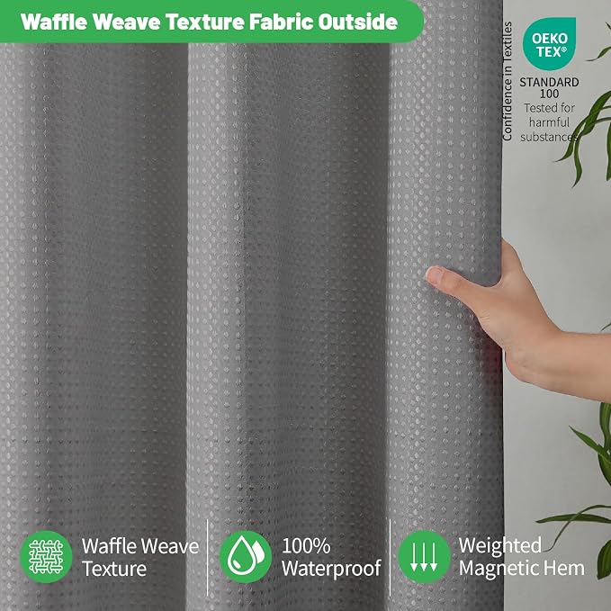 No Hook Waffle Shower Curtain, No Liner Needed Separate, 71x74 Inch, Grey | 100% waterproof TPU-laminated backing, magnetic weighted hem, machine washable, shower curtain set for bathroom or hotel use