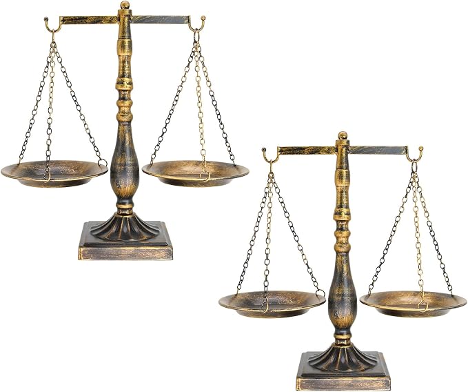 Owlgift Set of 2 Vintage Metal Libra Jewelry Towers Display Cosmetic Organizer Storage, Scale Centerpiece Stand, Antique Jewelry Storage, Farmhouse Candleholder Display – Bronze, 7.7“ W x 12.1“ H