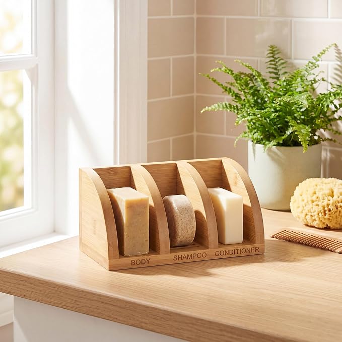 Bamboo Shampoo Bar Holder Multi Bar Soap Dish with Self Draining, 3 Slot, Natural Soap Holder for Shower Conditioner Bathroom Organizer, Keep Dry, 6.3 x 3.3 x 3.1 Inch