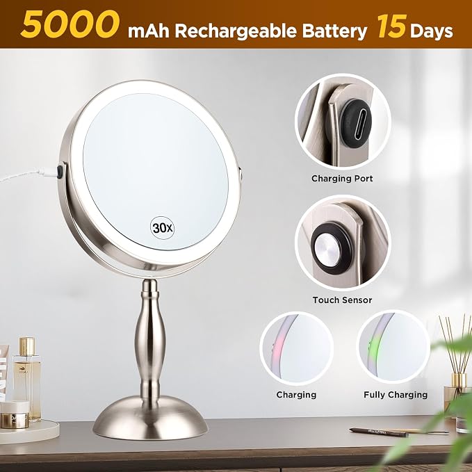 Makeup Mirror with Light - Brushed Nickel, 30x Makeup Mirror with 3 Colors | 5000mAh Vanity Mirror - 360° Rotation, Brightness Adjustable Magnification, Modern Style Side Touch + Side Charge