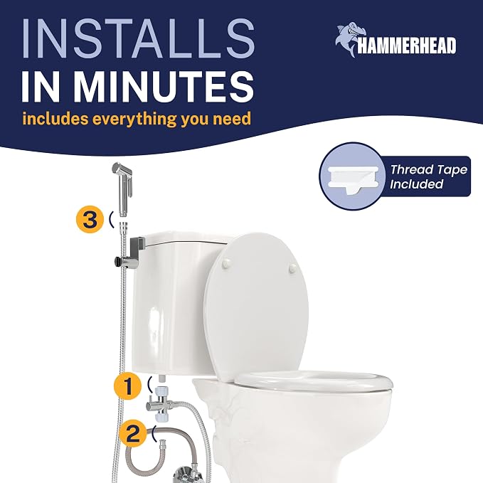 HammerHead Showers Solid Metal Adjustable Pressure Handheld Bidet Sprayer for Toilet, Handheld Bidet Attachment with 47-Inch Hose and Leak-Proof T-Valve, Jet Spray for Toilet, Muslim Shower, Chrome