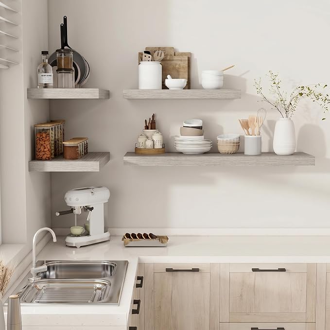 Vivelove Deep Floating Shelves for Wall 16x12” Set of 2, Grey | Easy Install With Hardware, 2" Thick, Invisible Brackets, Wall Mounted, No Sagging, For Any Room