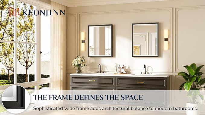 Keonjinn 24" x 30" Black Framed Bathroom Mirrors, Safe HD Tempered Glass | Aluminum Alloy, French Cleat, Beveled Edge, Modern, Black Bathroom Vanity Mirror for Wall, Hallway, Entryway, Fireplace Decor