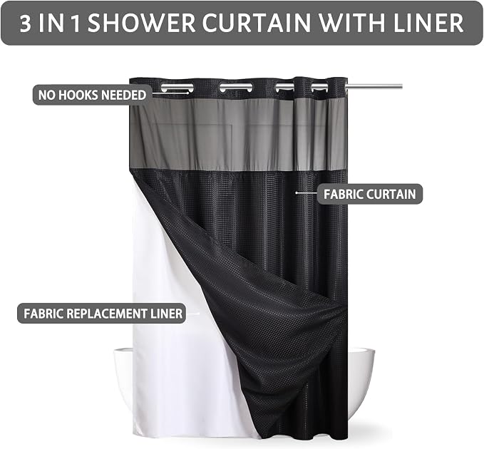 Furlinic No Hook Waffle Weave Shower Curtain with Snap in Liner Set,Heavy Duty Fabric Textured Bathroom Curtain with Sheer Window,Waterproof & Machine Washable,Black,Stall Size 36x72 Inch