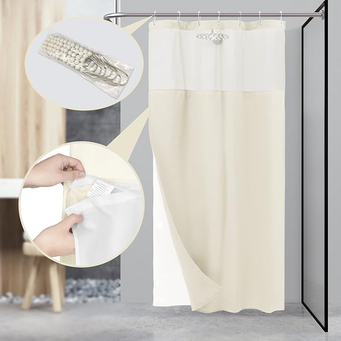 N&Y HOME Stall Waffle Weave Shower Curtain with Snap-in Liner Cream 36x72 | 12 Hooks & Snap on Fabric Liner, Washable, Mesh Window, Hotel Style, 36 x 72 Small Shower Stall Size Curtain Set for Bathroom
