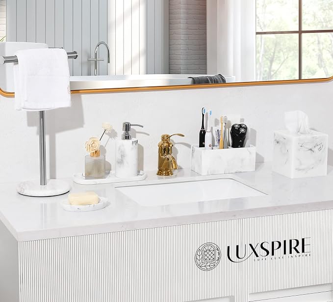 Luxspire 5 Slots Toothbrush Holders, Resin, Gravel White | Toothbrush Razor Holder, Toothpaste Holder for Bathroom Accessories Set Vanity Counter Sink Organizer Storage Organizer Caddy