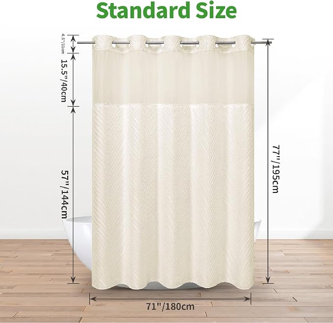 eachope no Hook Shower Curtain and Liner Set,Boho Style with See Through Top Window, Cream Fabric Tufted Striped Textured Outer Curtain & Waterproof Inner Liner, Beige/Cream, 71Wx77H