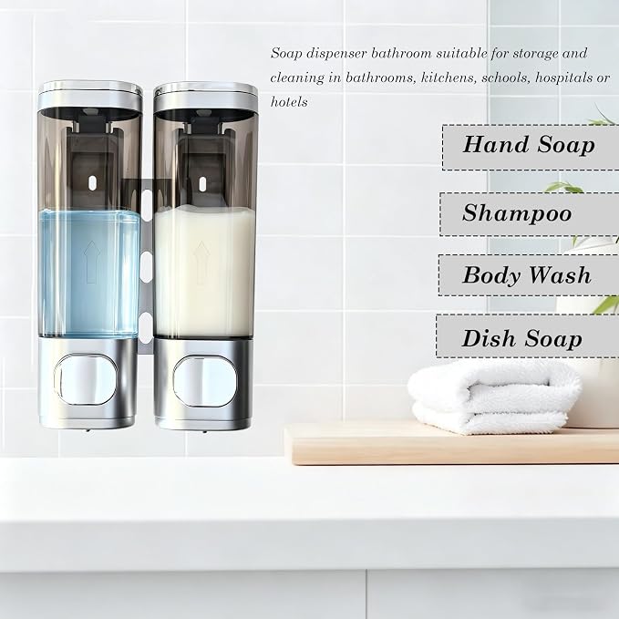 2-Chamber 10oz/300ML Silver Plastic Hand Wall Mounted Soap Dispensers | Refillable Shampoo Conditioner Shower Dispenser No Drill, Clear Manual Pump Dispenser for Bathroom Hotel Kitchen
