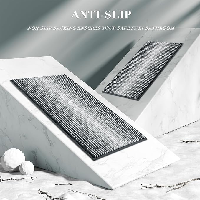 Bathroom Rugs and Mats Sets, 2 Piece Thick Absorbent Chenille Non Slip, Soft Shaggy Bath Room Floor Mats for Bathroom, Machine Washable (Blue Grey, 20" x 47" Plus 16" x 24")