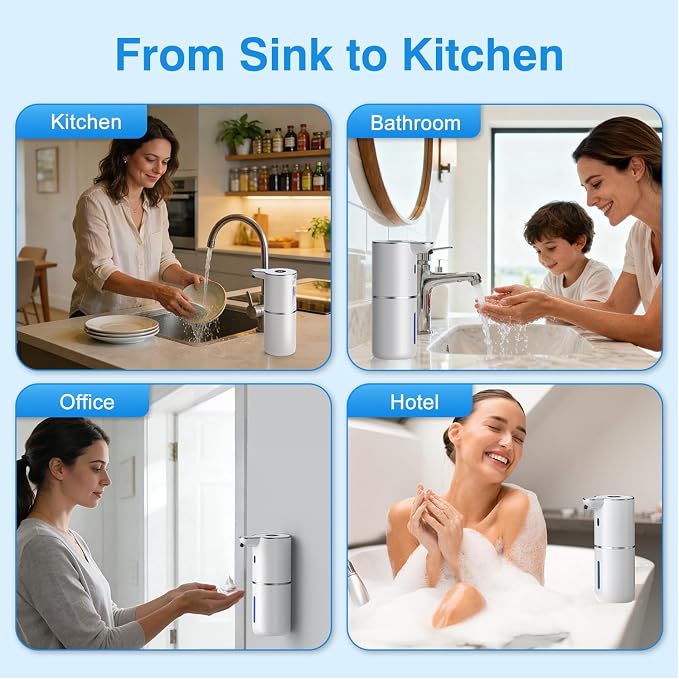 Fachixy Automatic Liquid Soap Dispenser Touchless, Smart Digital Display | 12.8oz/380mL, Up to 90 Days Battery Life, 6 Adjustable Level, Rechargeable, Wall Mountable IPX5 for Kitchen & Bathroom, White