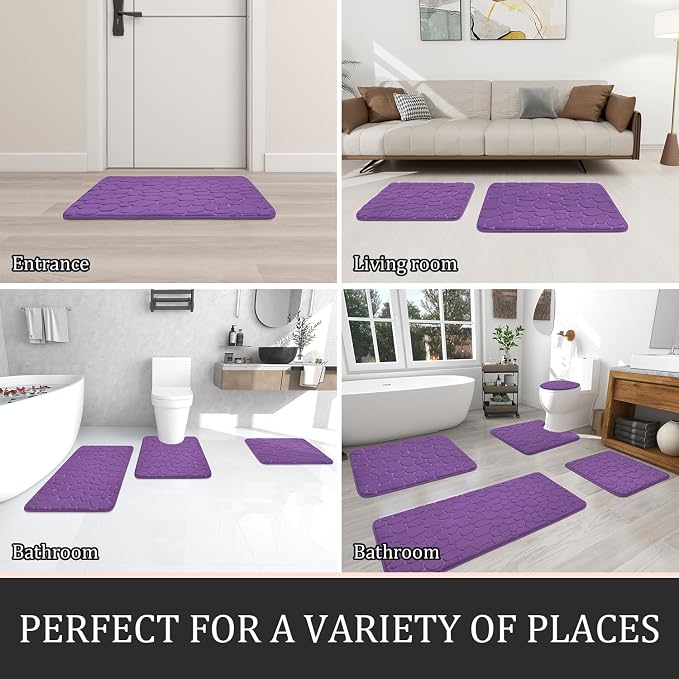 Bathroom Rugs Mat Set, Memory Foam Bath Mat 3 Piece Purple | U Shape+Small Mat, Non Slip, Water Absorbent, Washable, Bath Mat For Bathroom, Sink and Toilet